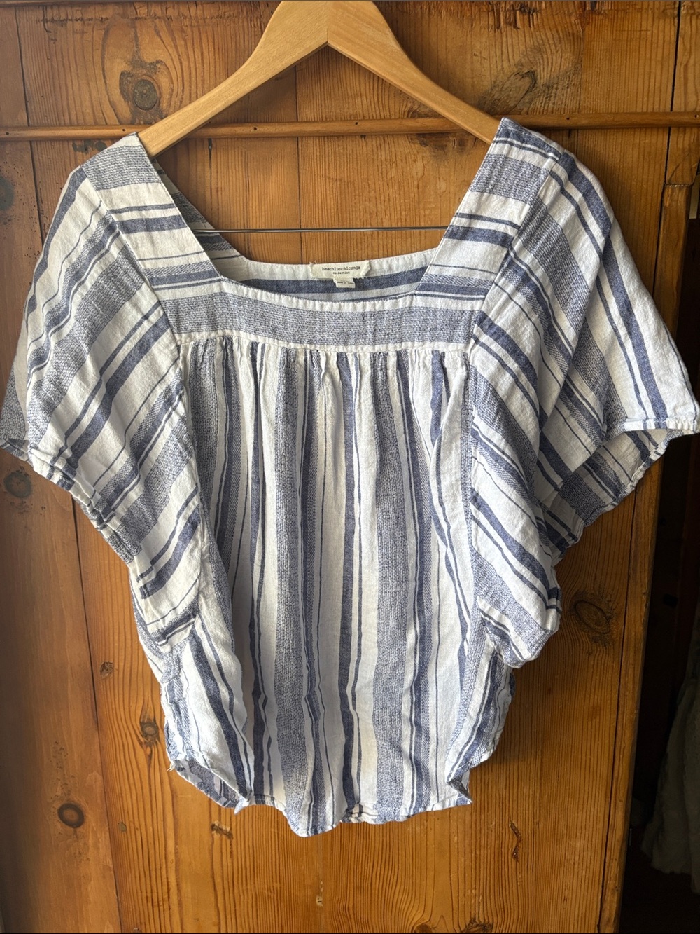 linen and cotton Blue & White Striped Square-Neck Top